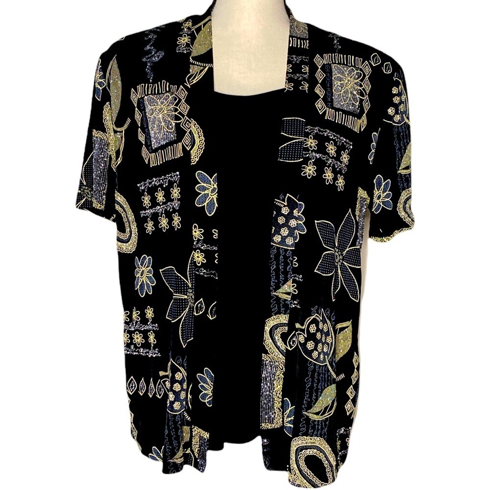 Embroidered metallic‎ gold silver floral blouse jacket women size 14